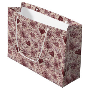 Cream Burgundy Red Hearts Flowers Faux Lace Bridal Large Gift Bag