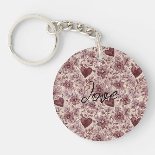 Cream Burgundy Red Hearts Flowers Key Ring (Front)