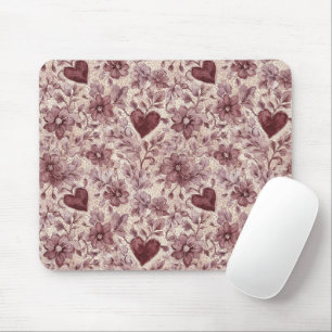 Cream Burgundy Red Hearts Flowers Mouse Pad