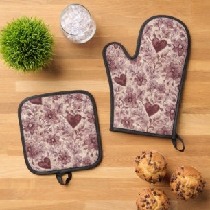 Cream Burgundy Red Hearts Flowers Oven Mitt & Pot Holder Set