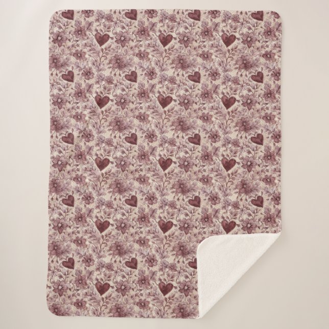 Cream Burgundy Red Hearts Flowers Sherpa Blanket (Front)