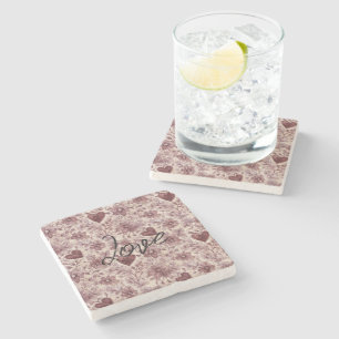 Cream Burgundy Red Hearts Flowers Stone Coaster