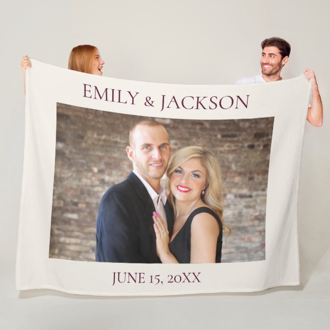 Cream Burgundy Wedding Engagement Photo Fleece Blanket (In Situ)