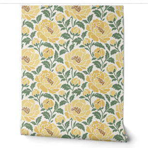 Cream, Butter Yellow and Sage Chintz Peony Floral Wallpaper