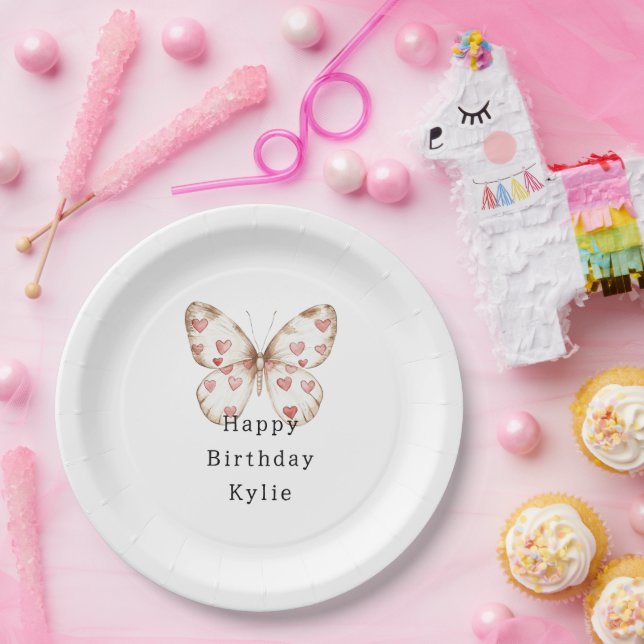 Cream Butterfly Hearts Birthday Paper Plate (Party)