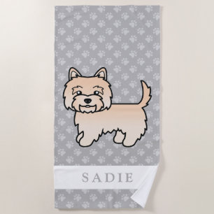 Cream Cairn Terrier Dog Drawing & Custom Name Beach Towel