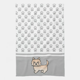 Cream Cairn Terrier Dog & Grey Paws Pattern Tea Towel