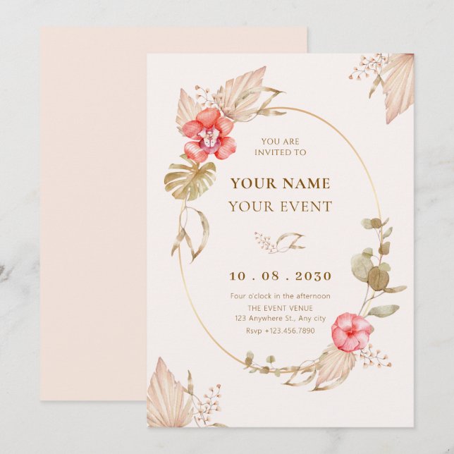 Cream calm floral elegant  invitation (Front/Back)