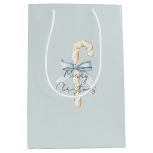 Cream Candy Canes Blue Bow Christmas Medium Gift Bag