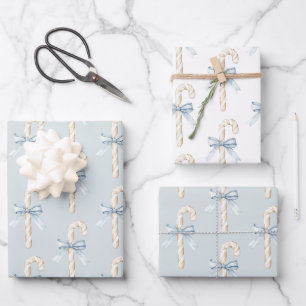 Cream Candy Canes Blue Bow Christmas Wrapping Paper Sheet