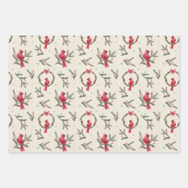 Cream Cardinal Christmas Wrapping Paper Set (Front)