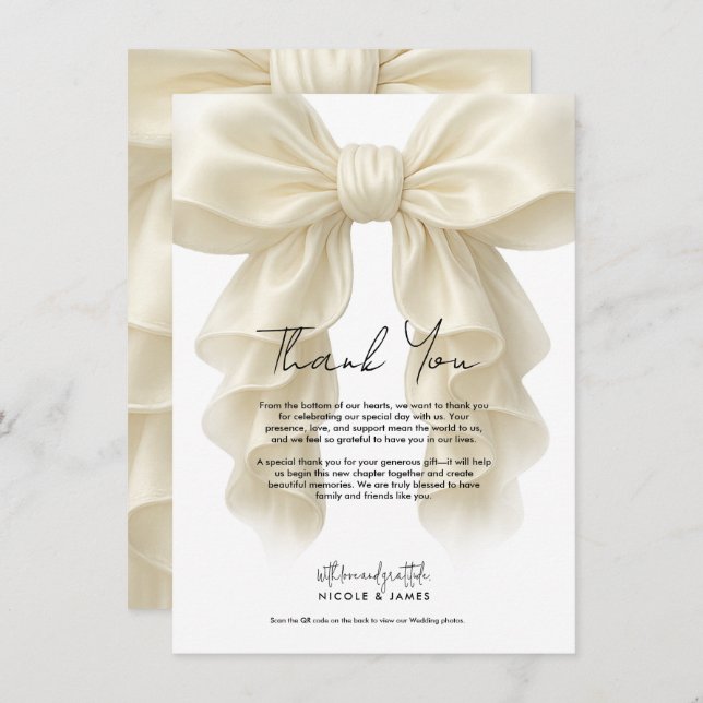 Cream Cascade Ruffle Bow Bridal Wedding Thank You Invitation (Front/Back)