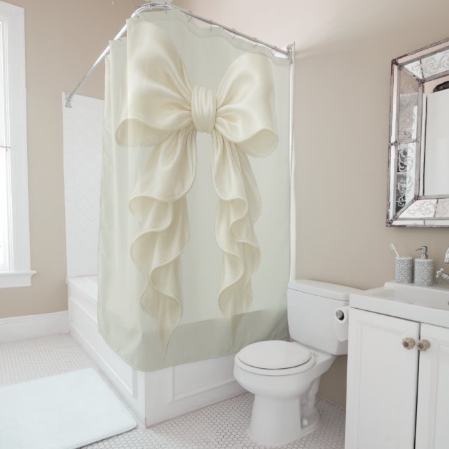 Cream Cascade Ruffle Bow Elegant Posh Girly Shower Curtain (In Situ)