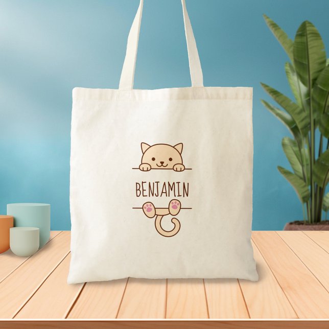 Cream Cat Peeking behind Custom Name Tote Bag (Creator Uploaded)