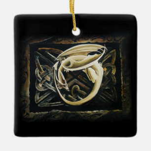 Cream Celtic Art Dragon Fantasy Ceramic Ornament