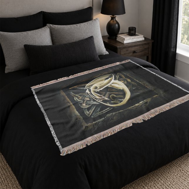 Cream Celtic Art Dragon Fantasy Throw Blanket (Creator Uploaded)