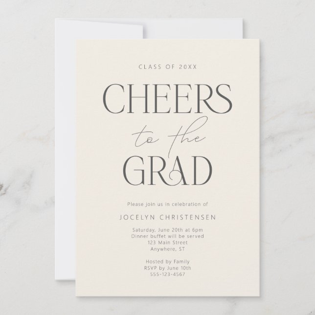 Cream Charcoal Gray Modern Cheers Grad Party Invitation (Front)