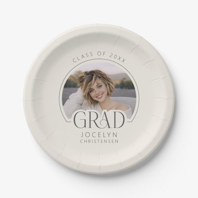 Cream Charcoal Personalized Photo Grad Party Paper Plate (Front)