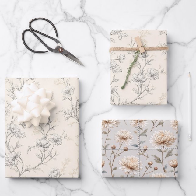 Cream Chic Floral Wedding Wrapping Paper Sheet (Front)
