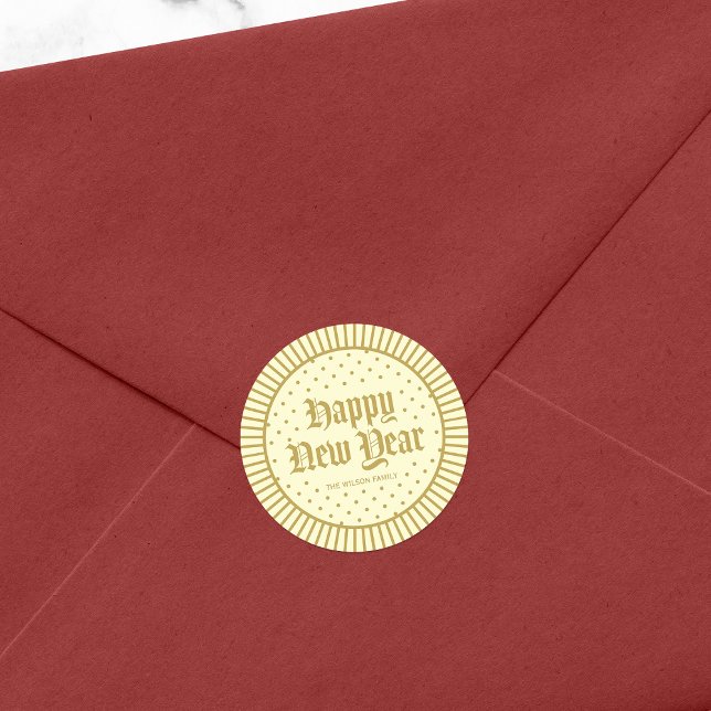 Cream Classic Decorative Geometric Happy New Year Classic Round Sticker (Creator Uploaded)