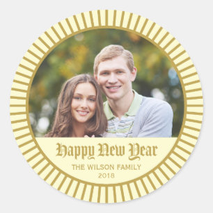 Cream Classic Decorative Happy New Year Photo Round Sticker