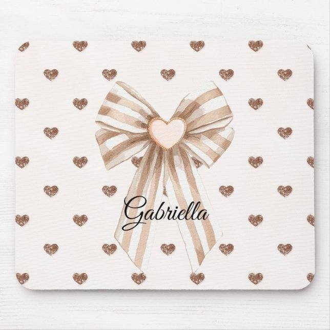 Cream Cocoa Bow Blush Pink Glitter Hearts Mouse Pad (Front)