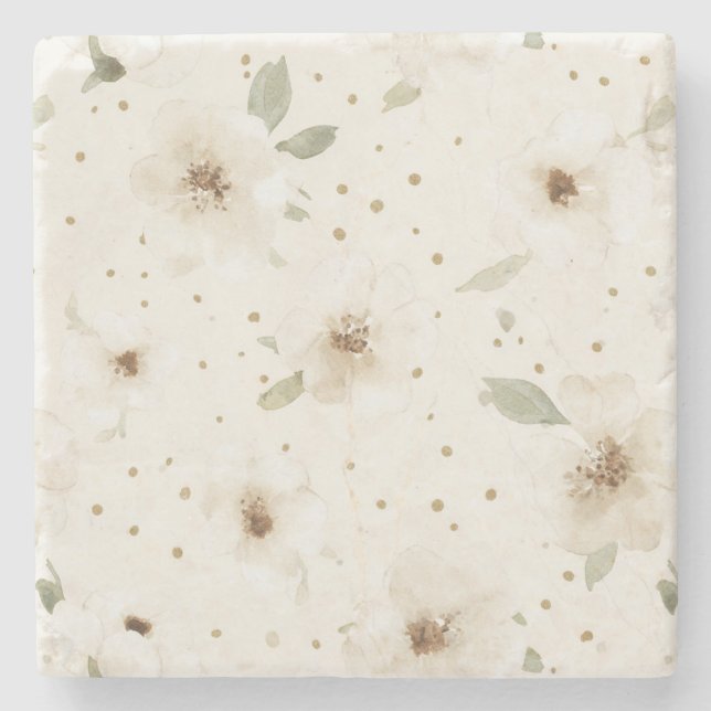 Cream Cocoa Brown Flowers   Stone Coaster (Front)