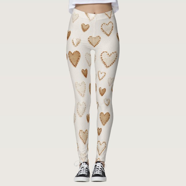 Cream Cocoa Brown Hearts Leggings (Front)