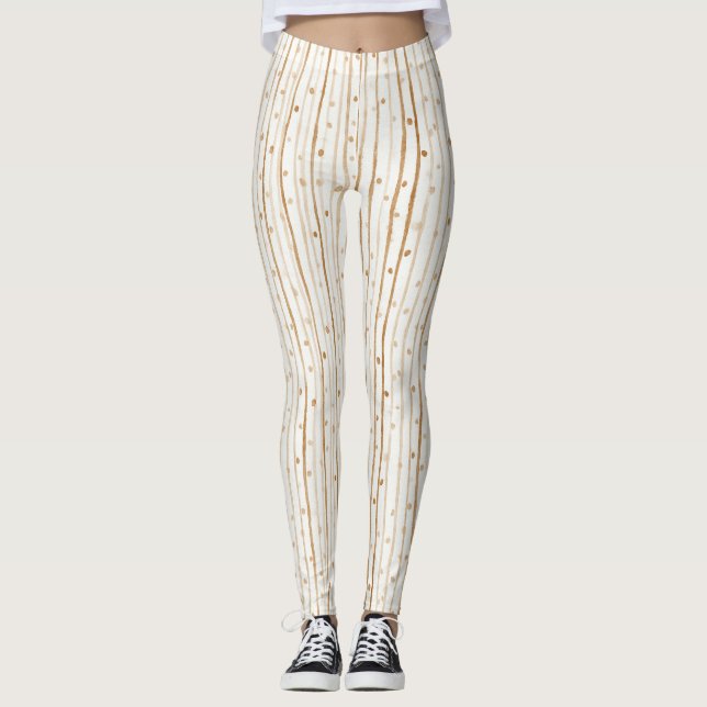 Cream Coffee Brown Stripes Dots Leggings (Front)