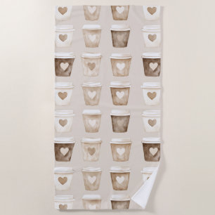 Cream Coffee Heart Cups Beach Towel