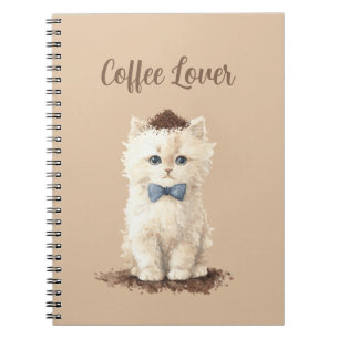 Cream Coffee Lover White Cat Blue Bow Notebook