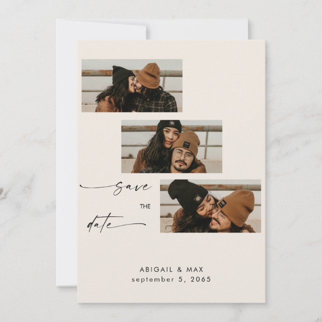 Cream Collage Photo Strip Wedding Save the Date (Front)