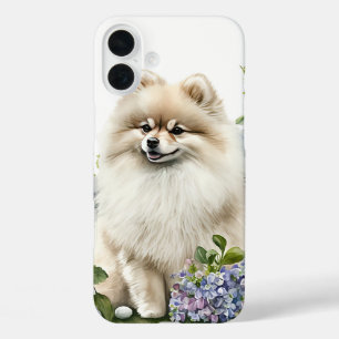 CREAM COLORED POMERANIAN DOG IN WILDFLOWERS iPhone 16 PLUS CASE