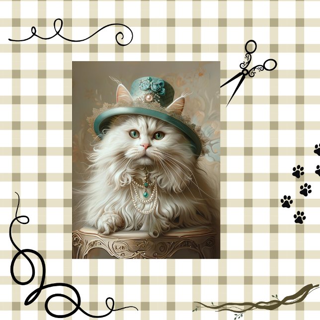 Cream Coloured Cat Teal Hat Pearls Decoupage Tissue Paper (Creator Uploaded)