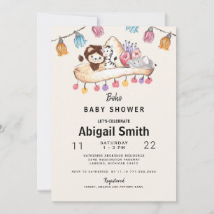 Cream Colourful Boho Sombrero Animal Baby Shower Invitation
