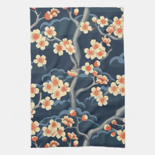 Cream Coral Sakura Navy Blue Floral Pattern Tea Towel
