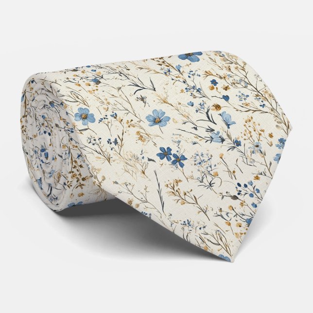 Cream & Cornflower Wildflower Wedding Tie (Rolled)
