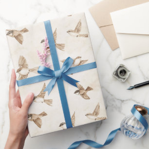Cream Cottage Birds Birthday Wrapping Paper