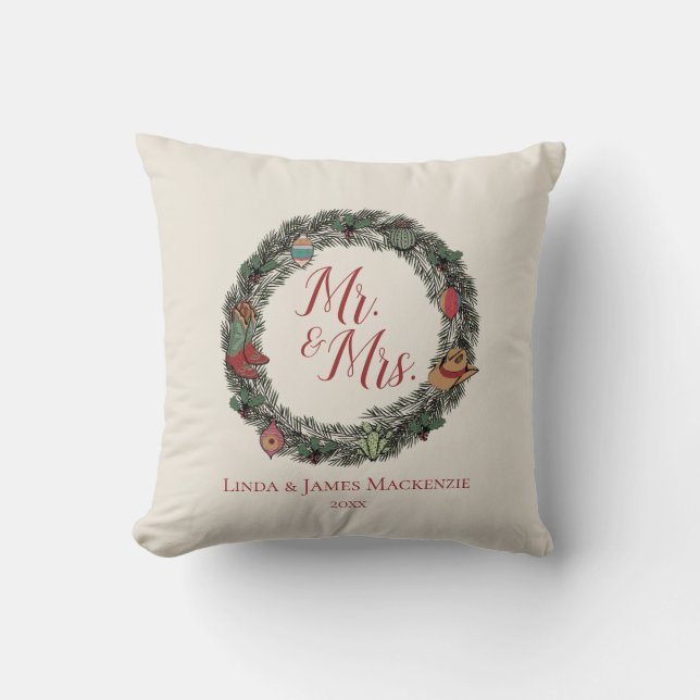 Cream Country Wedding Mr. and Mrs. Christmas Cushion (Front)