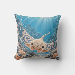 Cream Crochet Manta Blue Coral Ocean Cushion