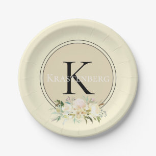 Cream Custom Name Monogram White Roses Paper Plate