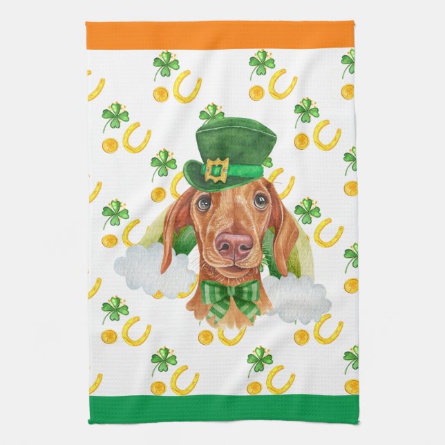 Cream Dachshund Holiday Home Decor St Patricks Day Tea Towel (Vertical)