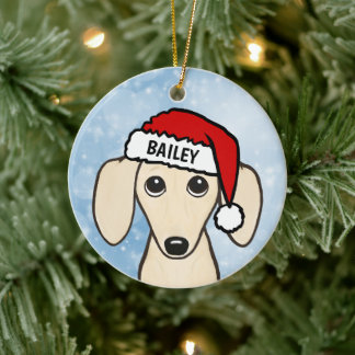 Cream Dachshund Santa Wiener Dog Custom Name Ceramic Tree Decoration