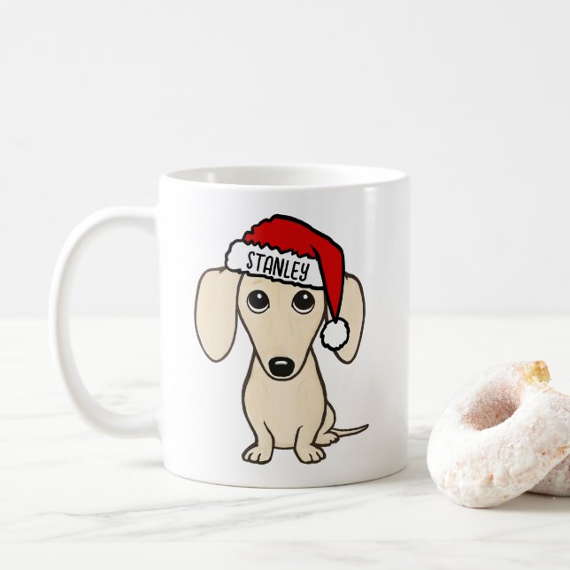 Cream Dachshund Santa Wiener Dog Custom Name Coffee Mug (With Donut)
