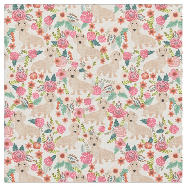 Cream dachshund vintage florals fabric (Close Up)