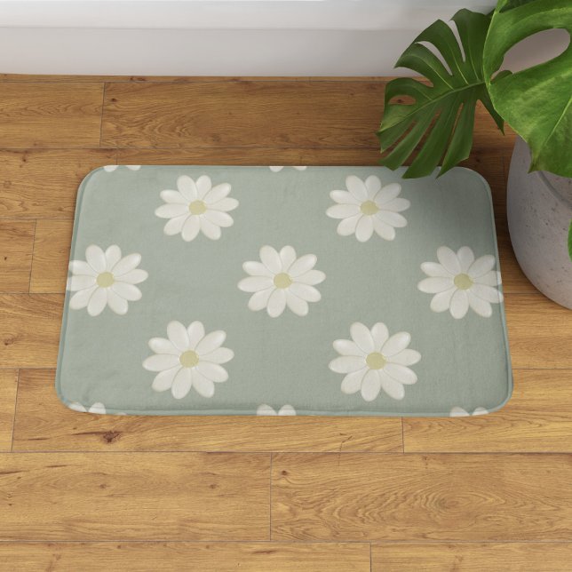 Cream Daisy Sage Green Modern Floral Bath Mat (A pretty sage and cream daisy bath mat.)