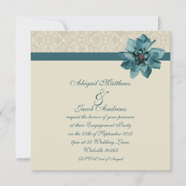 Cream Damask And Teal Blue Engagement Party Invite (Front)