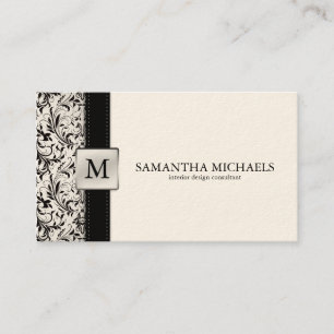 Cream Damask Monogram Interior Design Business Card