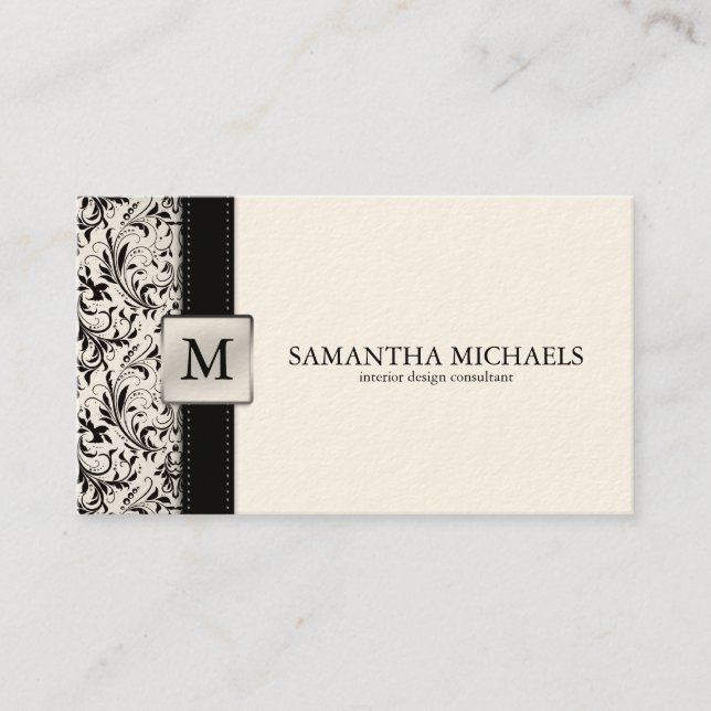 Cream Damask Monogram Interior Design Business Card (Front)