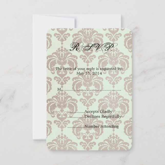 Cream Damask Wedding RSVP Card (Front)